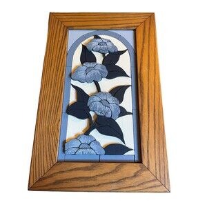 Wood mosaic floral picture handcrafted and vintage 1993